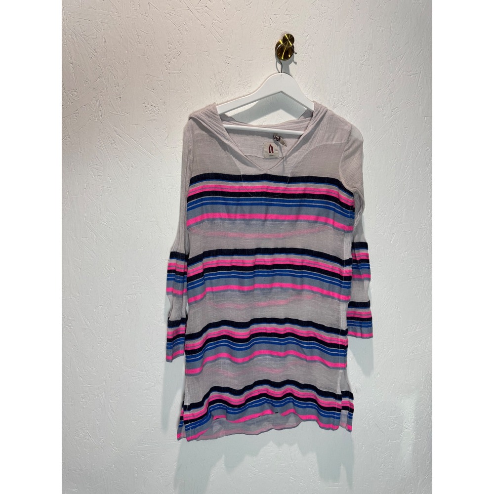 Lemlem Womens Striped Hooded Cotton Tunic Beach Cover Up Grey Pink Blue Small